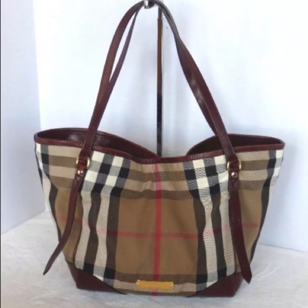 Burberry Tan Plaid Canvas Tote with Brown Leather Trim - Picture 2 of 8